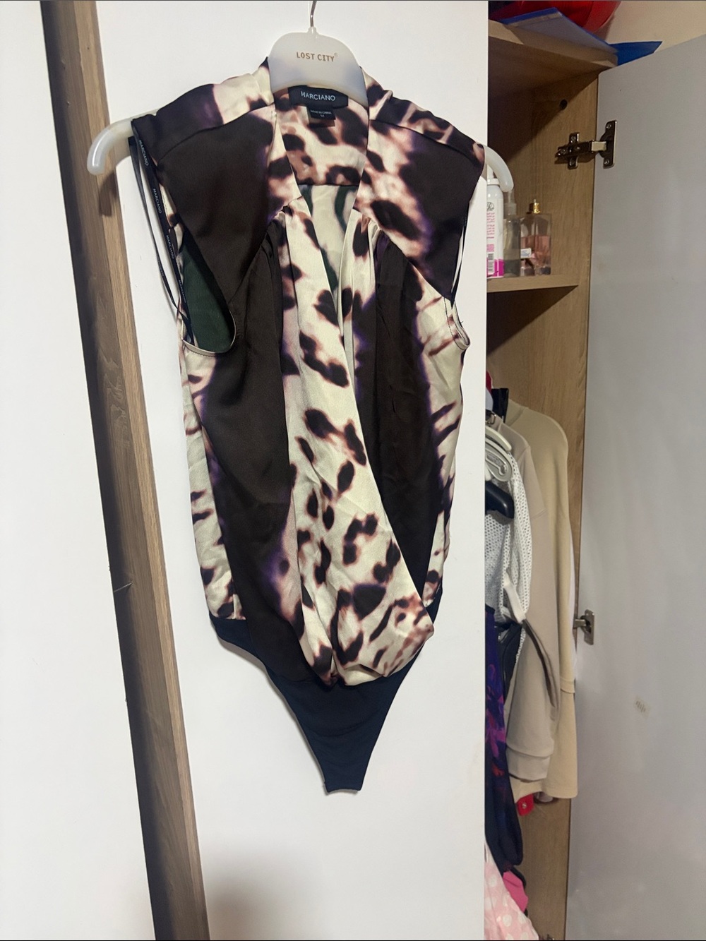 Marciano Mixed Animal Print Bodysuit in Black, Cream and Purple